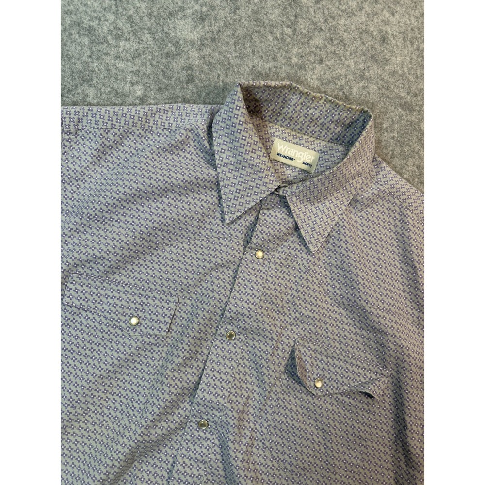 Wrangler Wrancher Western Shirt Mens XL Blue Purple‎ Pearl Snap Short Sleeve Vtg